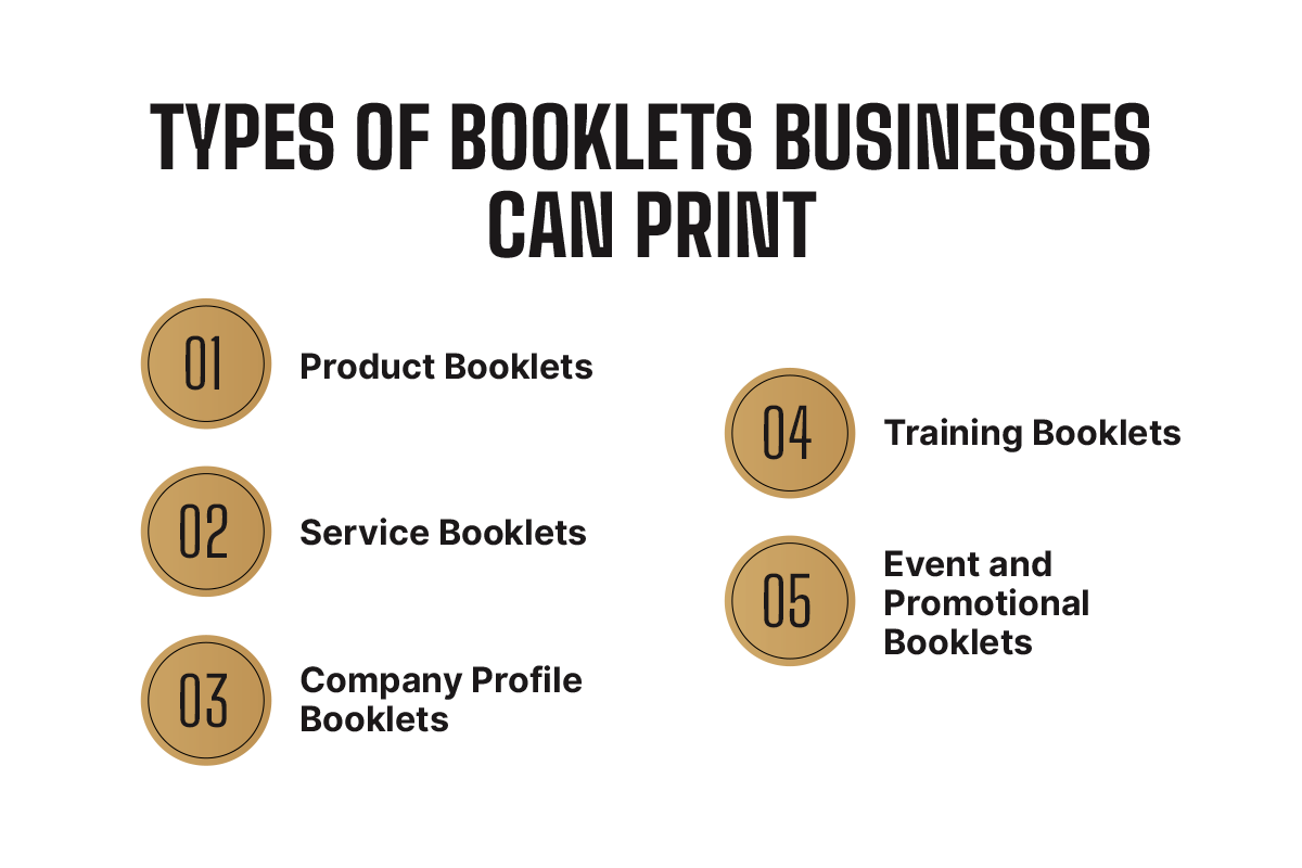 Five types of business booklets: product, service, company profile, training, and event and promotional booklets