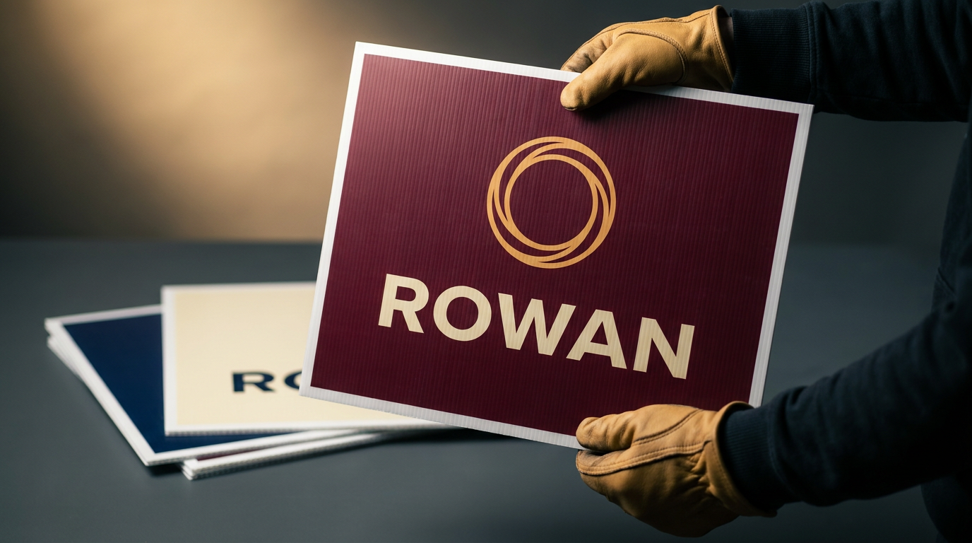 Custom campaign signs featuring candidate name, logo, and campaign colours