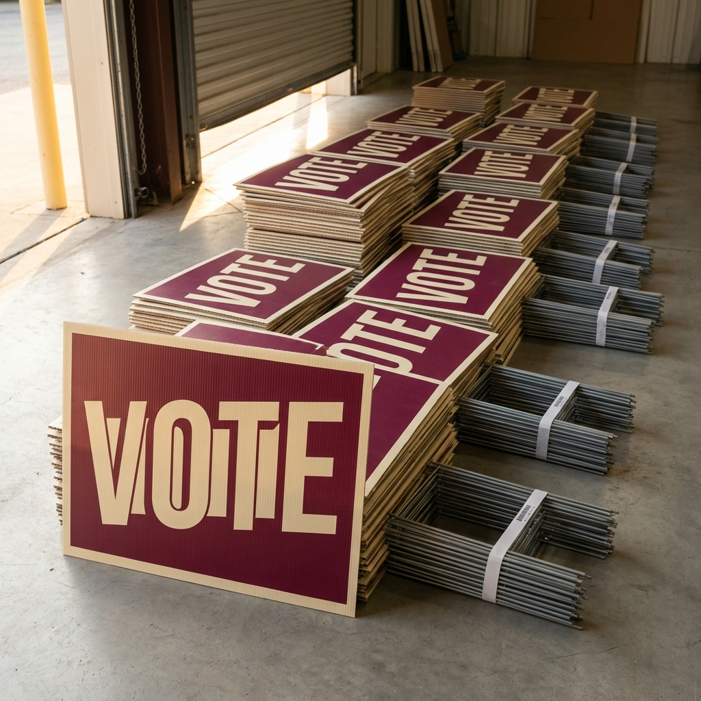 Completed run of custom election lawn signs ready for campaign delivery