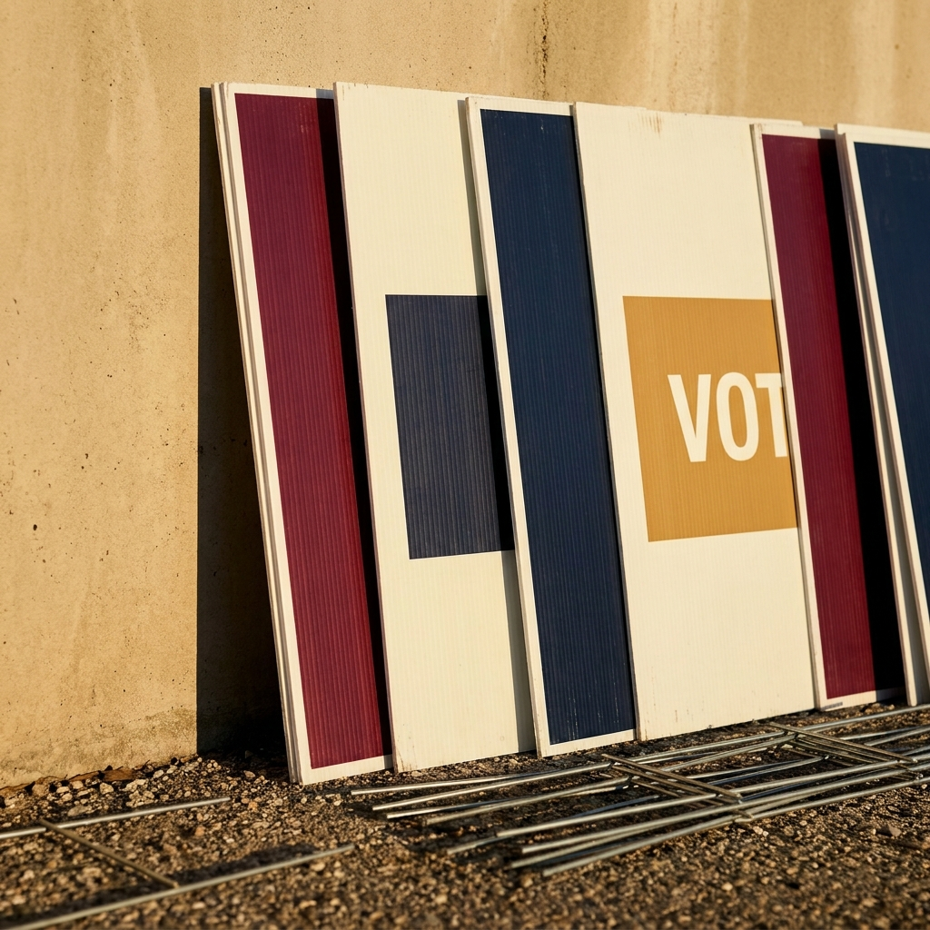 Coroplast lawn signs printed with campaign artwork and stakes