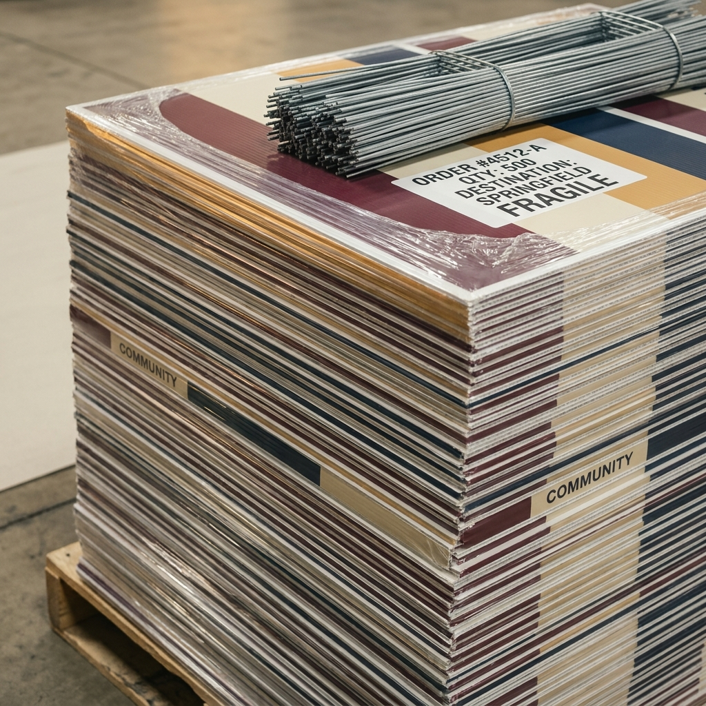 Bulk lawn sign order stacked and packed for a large campaign
