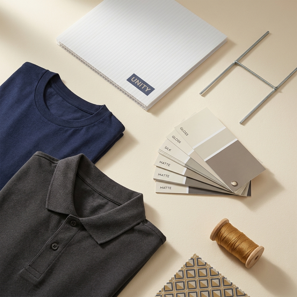 Coroplast sign material, brochure stocks, and apparel options used for campaign printing