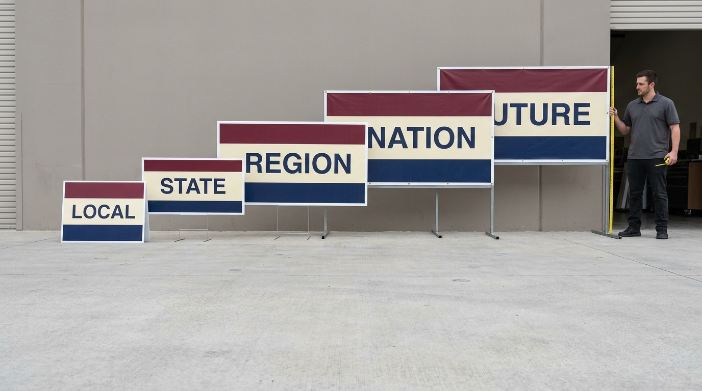 Custom lawn signs available in sizes from 4 ft by 8 ft up to 10 ft by 30 ft