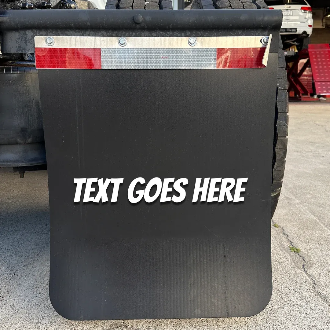 Mud flap mock-up showing where custom text and branding is placed