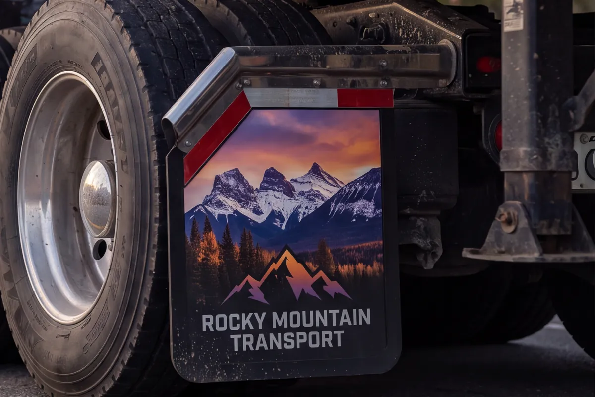 Custom printed mud flap featuring original artwork and graphics