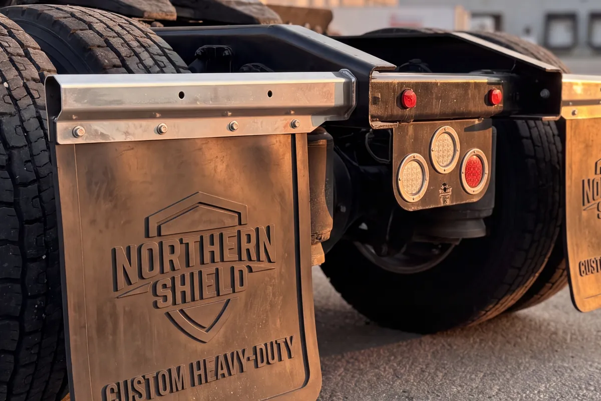 Custom mud flap printed with a company logo for fleet branding