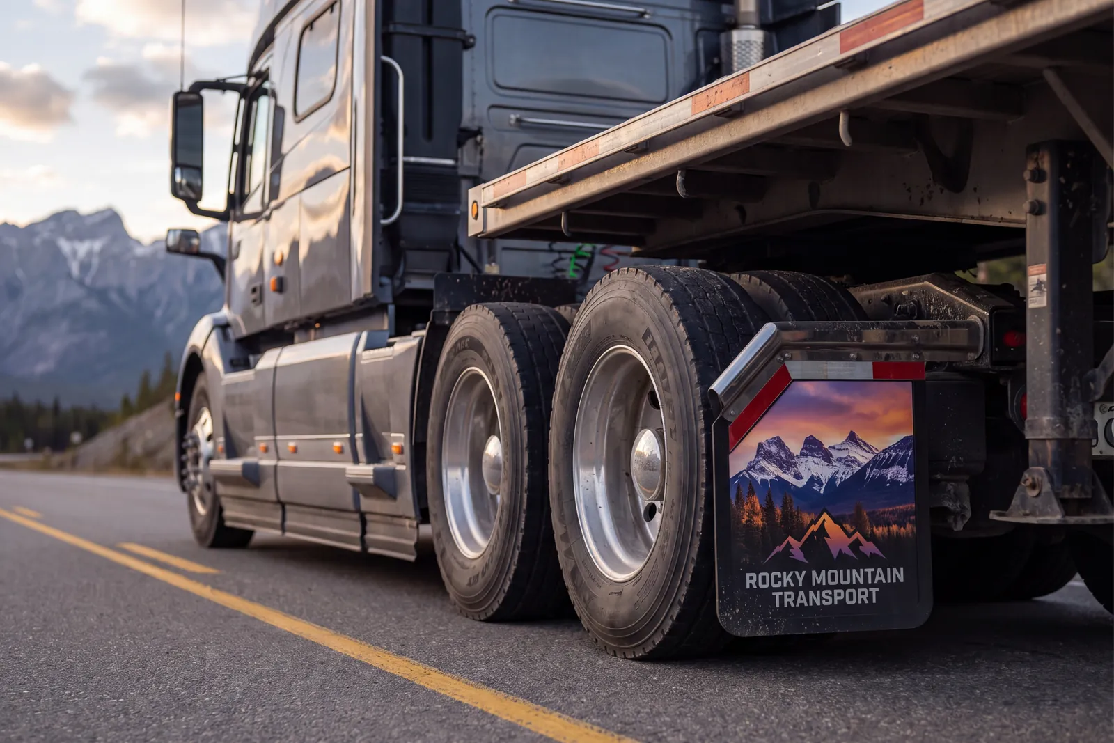 Full-colour printed mud flap on a highway tractor unit