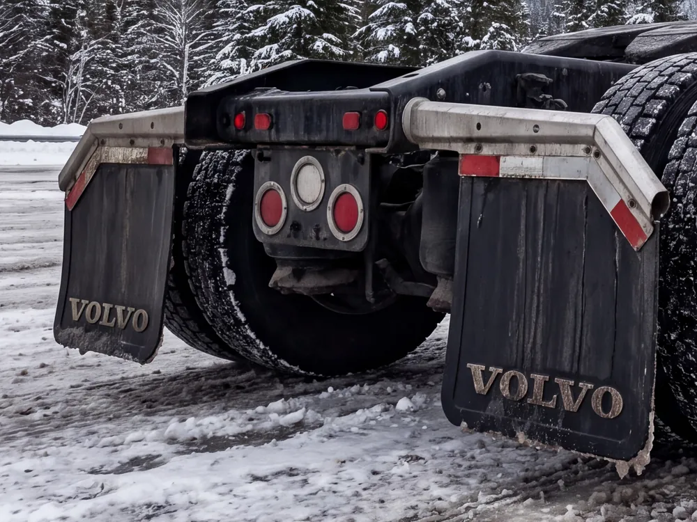 Matching mud flap set across a tractor drive axle
