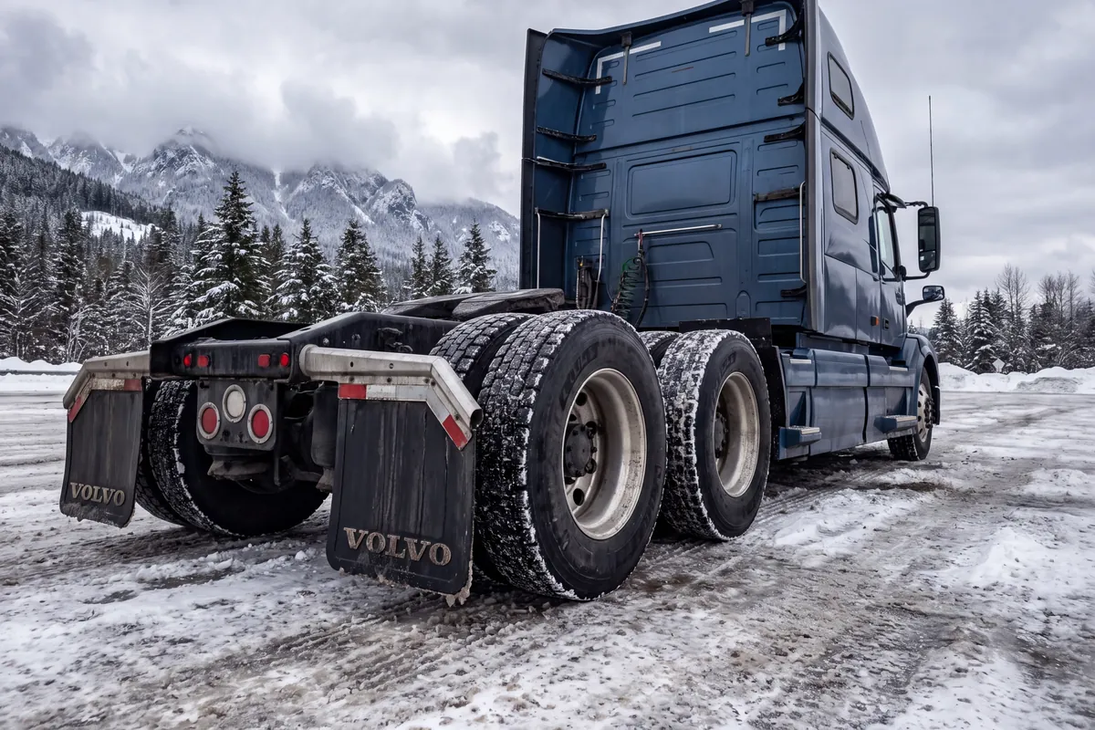 Branded mud flaps on long-haul trucking company vehicles