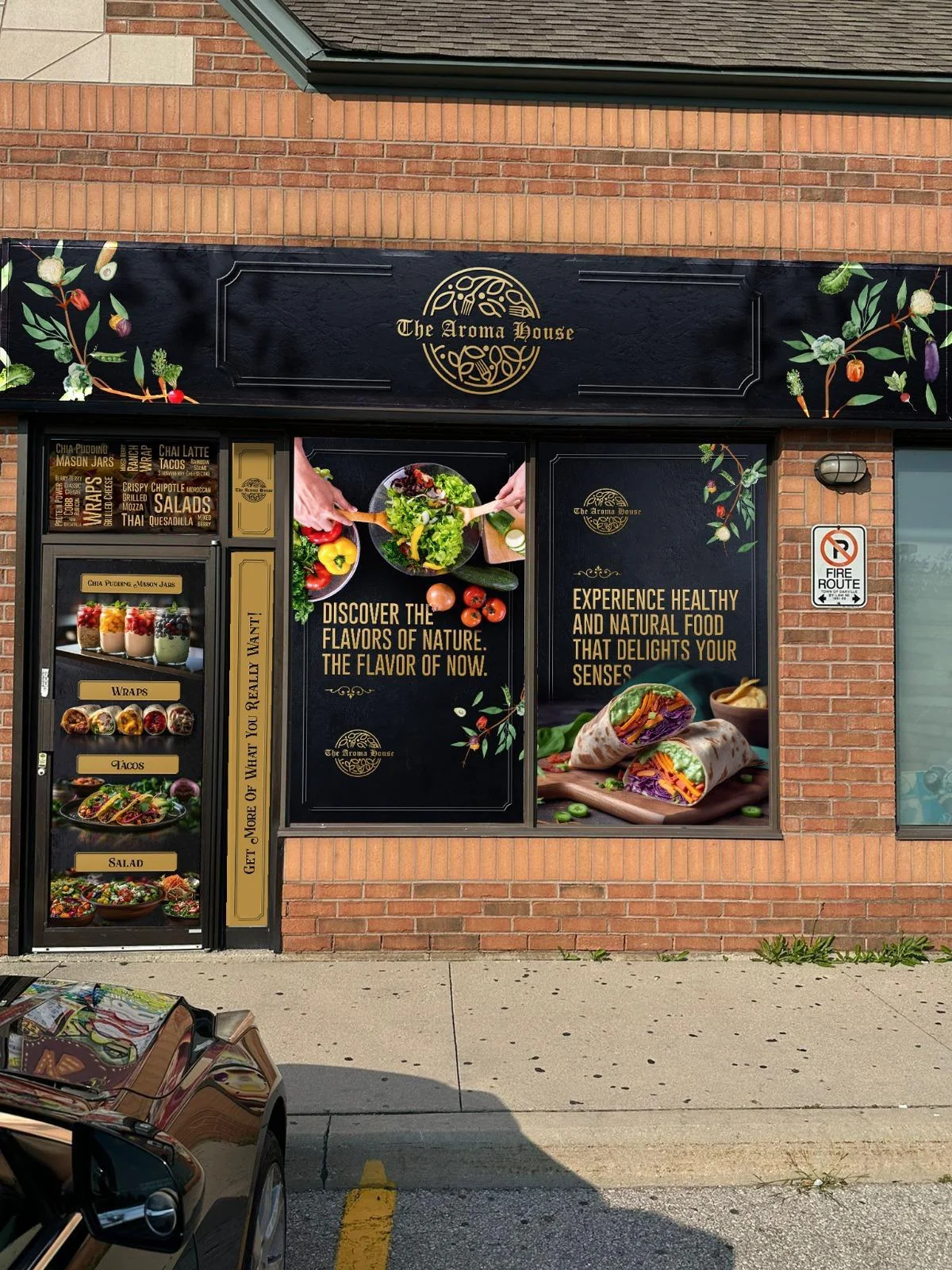 Aroma House Restaurant storefront signage with illuminated channel letters
